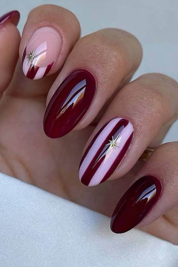 Burgundy Stripes and Star Nails