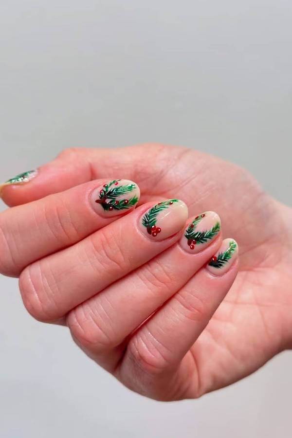 Festive Holly and Pine Branch Nails
