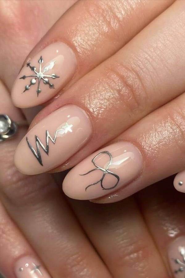 Silver Accented Christmas Nude Nails