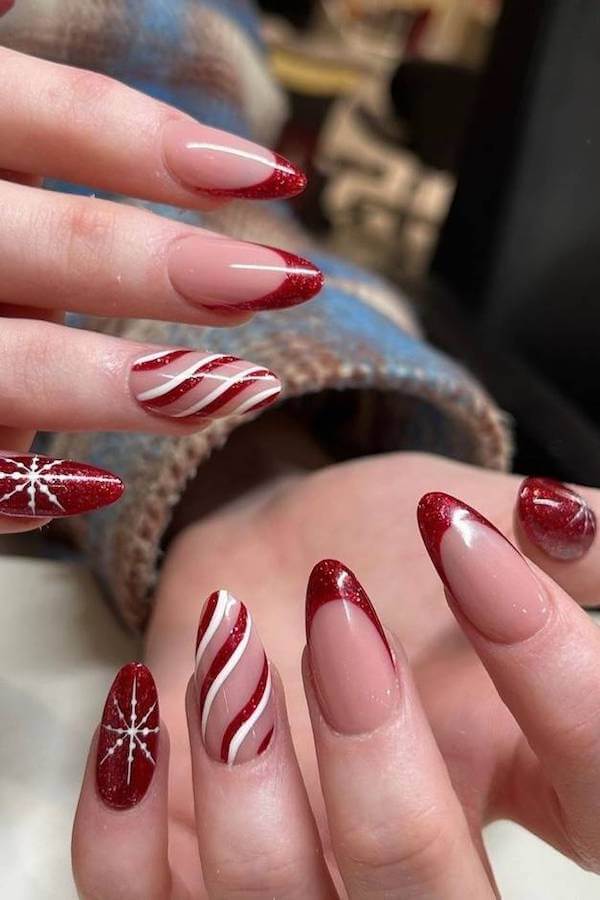Candy Cane and Red Glitter French Tips