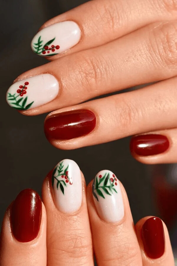 Red and White Holly Berry Christmas Nails