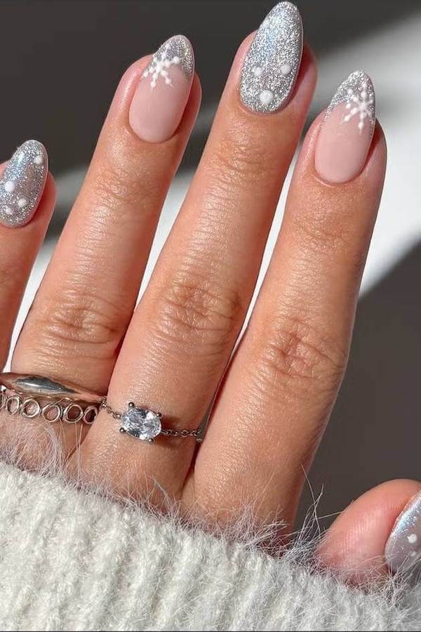 Silver Glitter Snowflake Nails