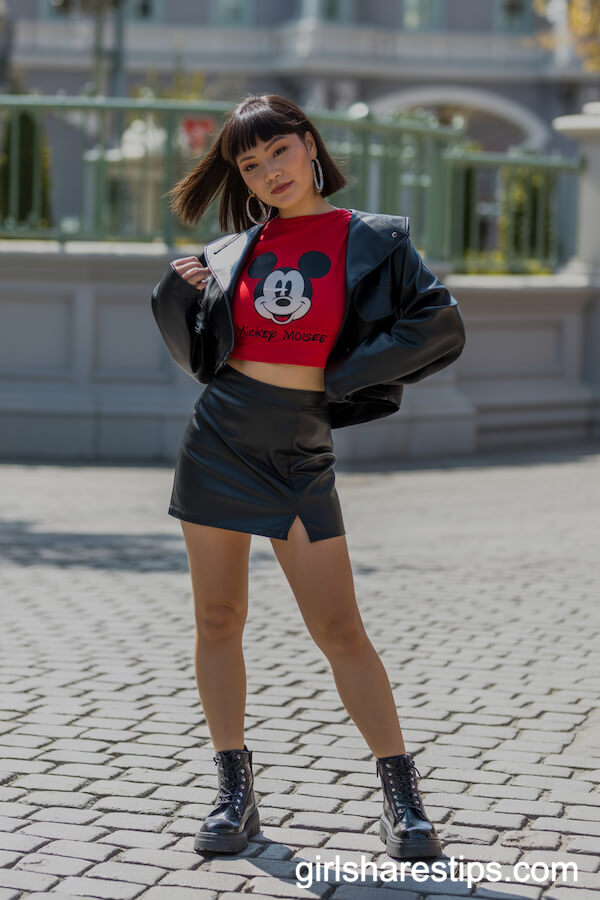 Faux-Leather Mini Skirt With Red Mickey Crop Top & Combat Boots