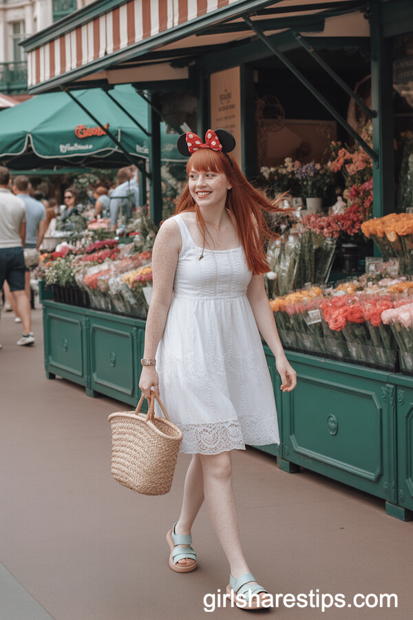 White Lace Sundress With Pastel Sandals & Minnie Mouse Ears