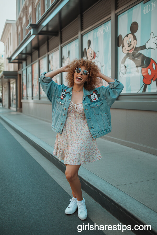 Vintage Mickey Denim Jacket Over Floral Sundress & White Sneakers