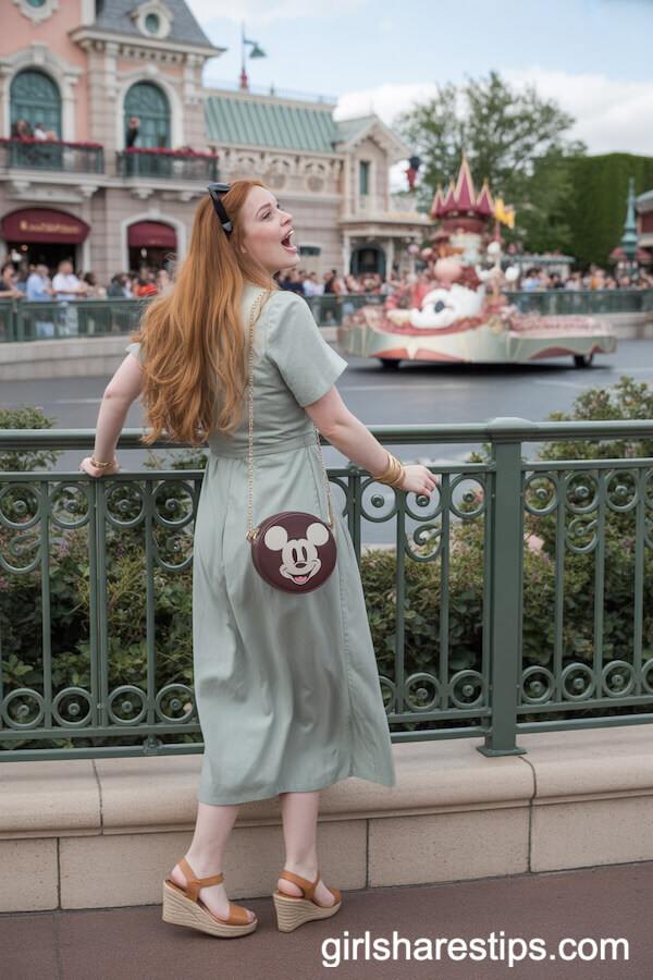 Sage Green Wrap Dress With Wedge Sandals & Elegant Mickey Purse