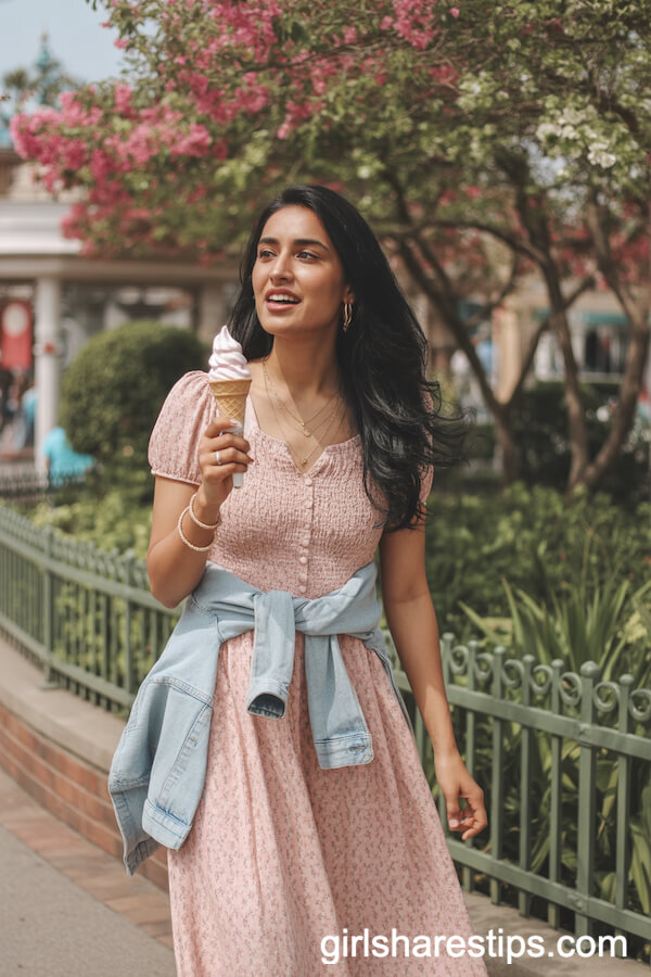 Pink Floral Midi Dress With Light Denim Jacket & Gold Jewelry