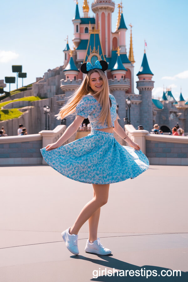 Blue Floral Crop Top and Skirt Set With Blue Minnie Headband