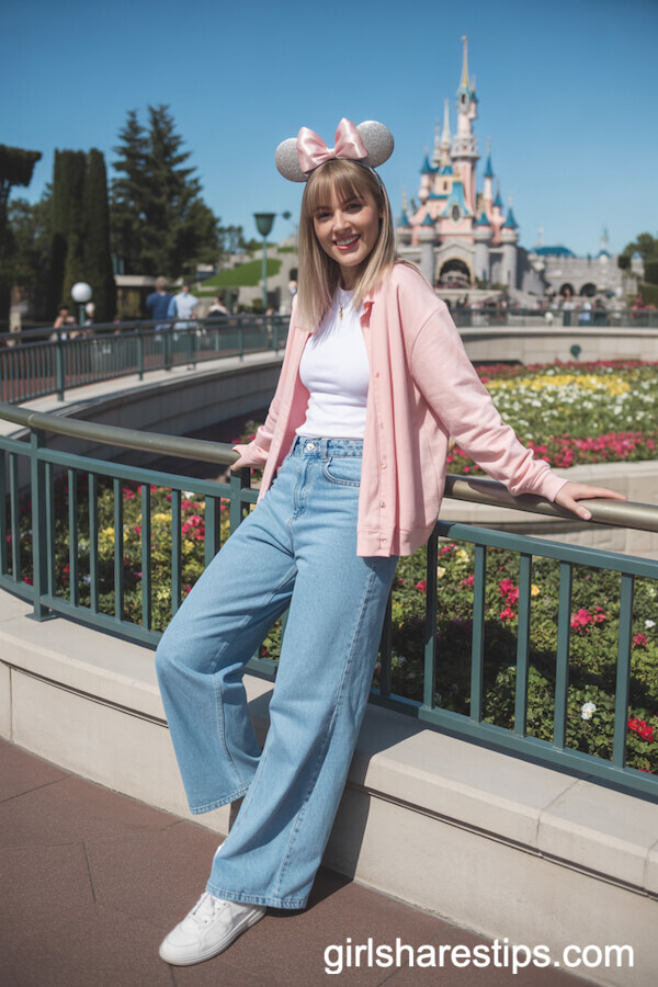 Pastel Pink Cardigan With Wide-Leg Jeans & Silver Minnie Ears