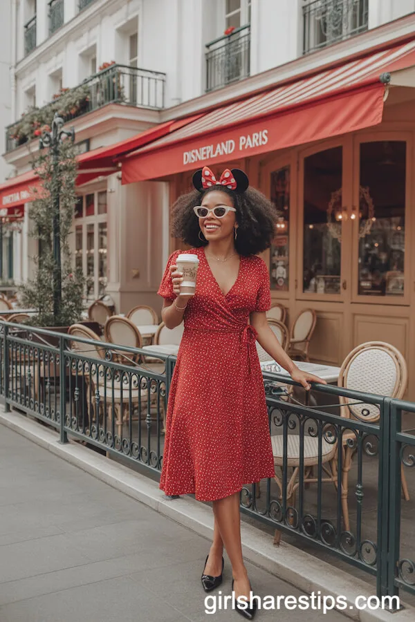 Red Polka Dot Wrap Dress With Minnie Headband & Cat-Eye Sunglasses