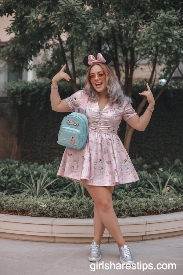 Light Pink Disney Print Dress With Colorful Minnie Ears Silver Sneakers
