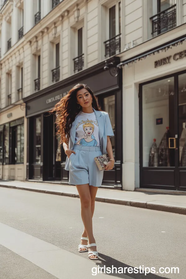 Pastel Blue Tailored Shorts Suit With Cinderella Tee