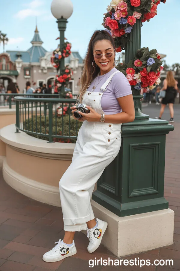 White Denim Overalls Over Lavender Crop Top & Playful Sneakers