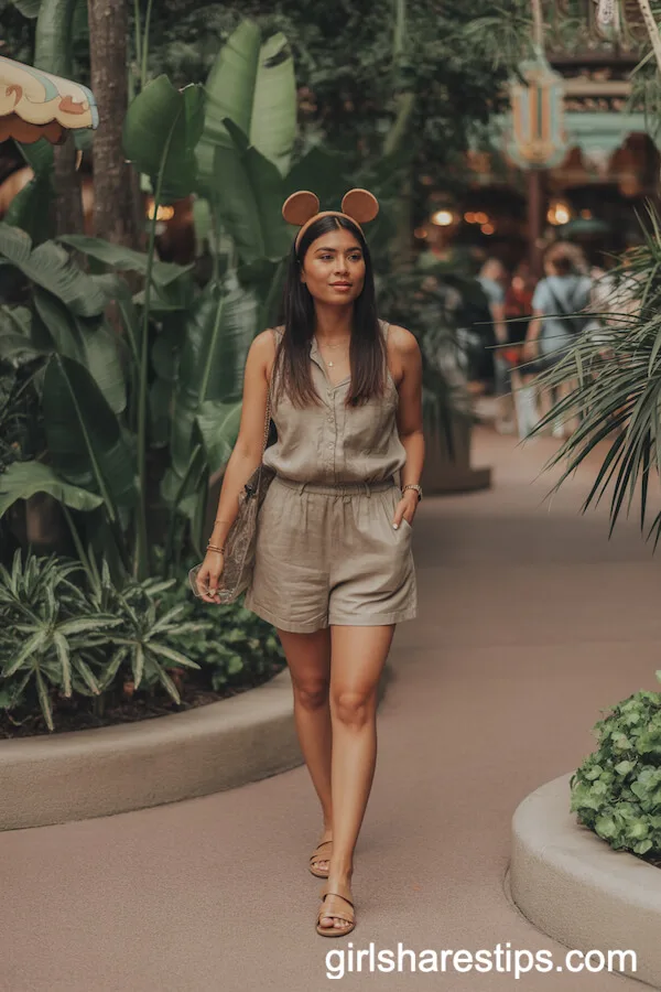 Khaki Linen Romper With Brown Mickey Ears & Gold Jewelry