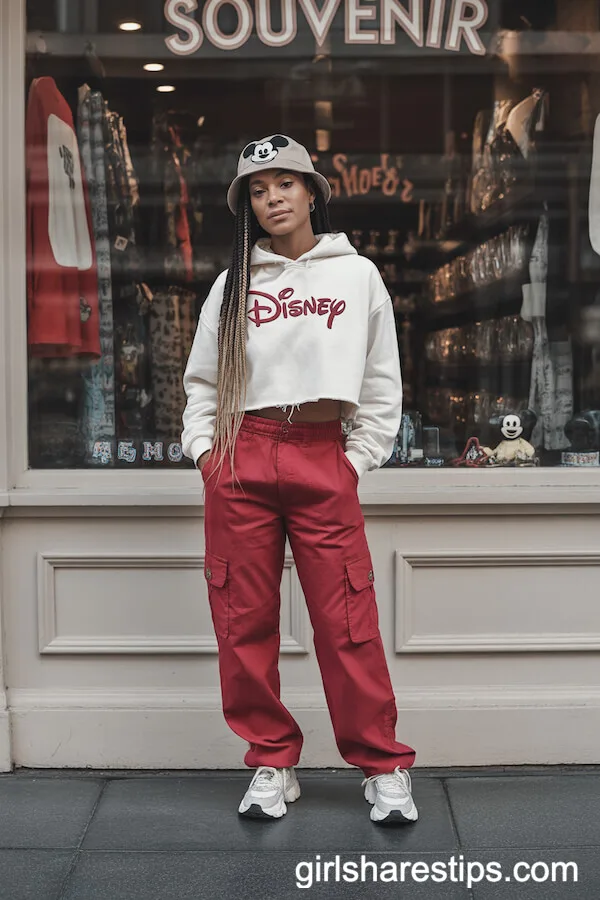 Red Cargo Pants With Cropped Disney Hoodie & Mickey Bucket Hat