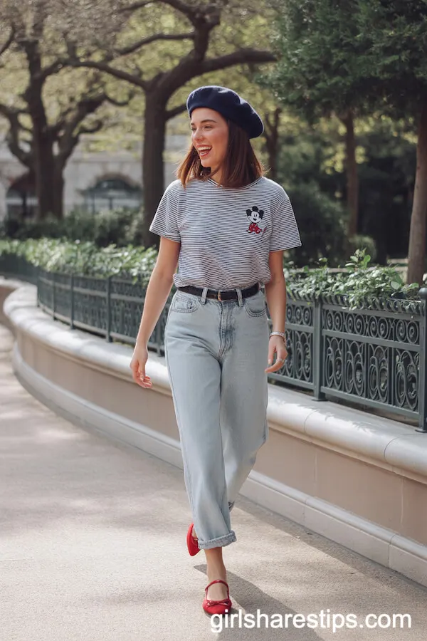 Classic Parisian Jeans With Striped Top, Beret & Red Flats