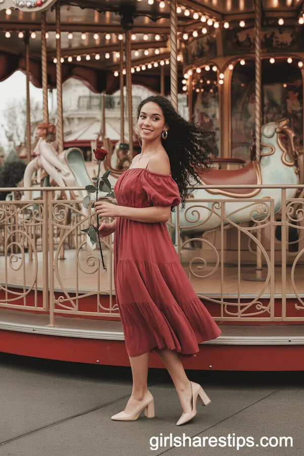 Flowy Red Off-Shoulder Dress With Disney Stud Earrings
