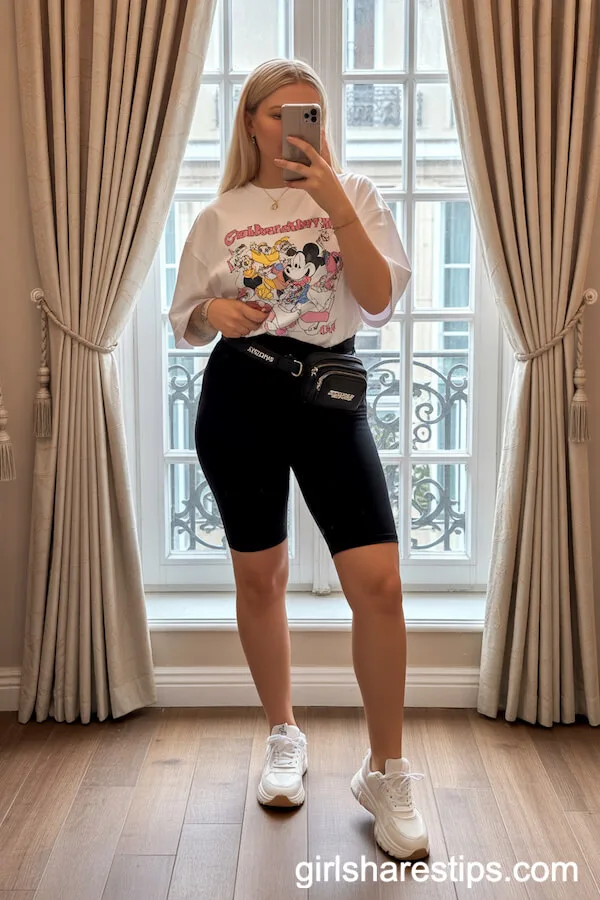 Black Biker Shorts With Oversized Disney Tee & Chunky Sneakers