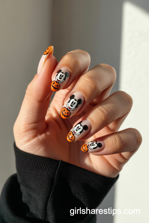 Almond nails with Mickey Mouse and pumpkin accents