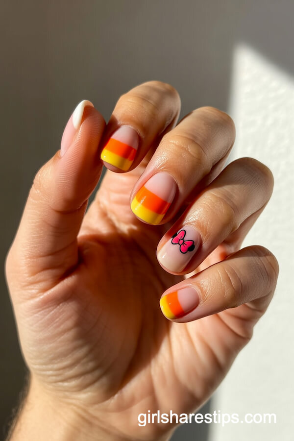 Round nails with candy corn stripes and Minnie bows