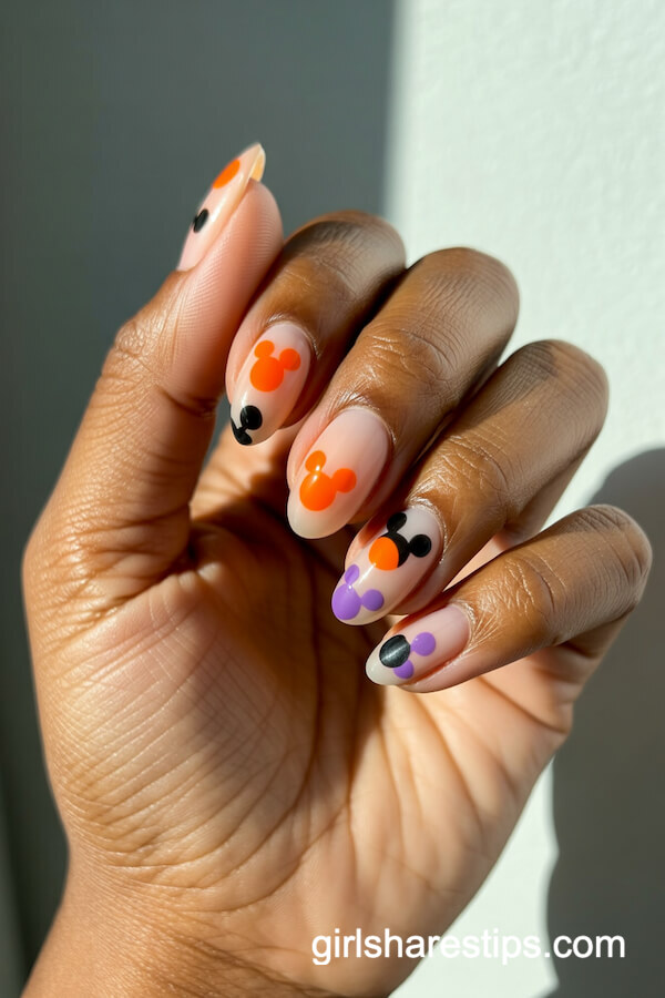 Almond nails with Mickey balloon Halloween shapes