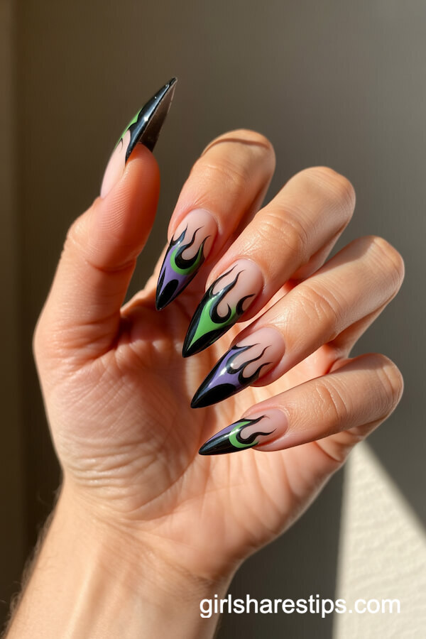 Stiletto nails with Maleficent flames and horns