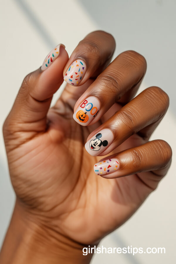 Square-oval nails with parade confetti and &ldquo;Boo!&rdquo;