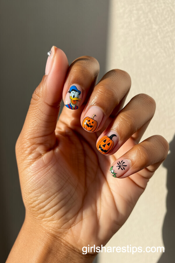 Round nails with Donald Duck in pumpkin costume