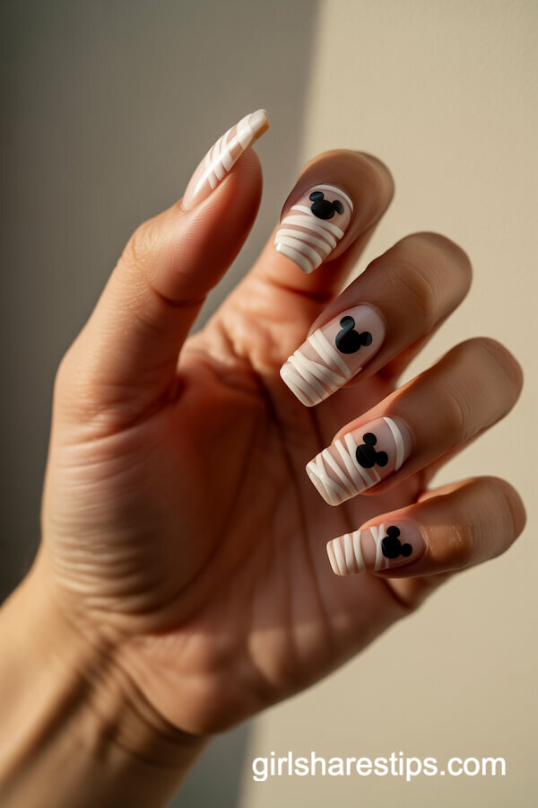 Coffin nails with mummy-style Mickey heads