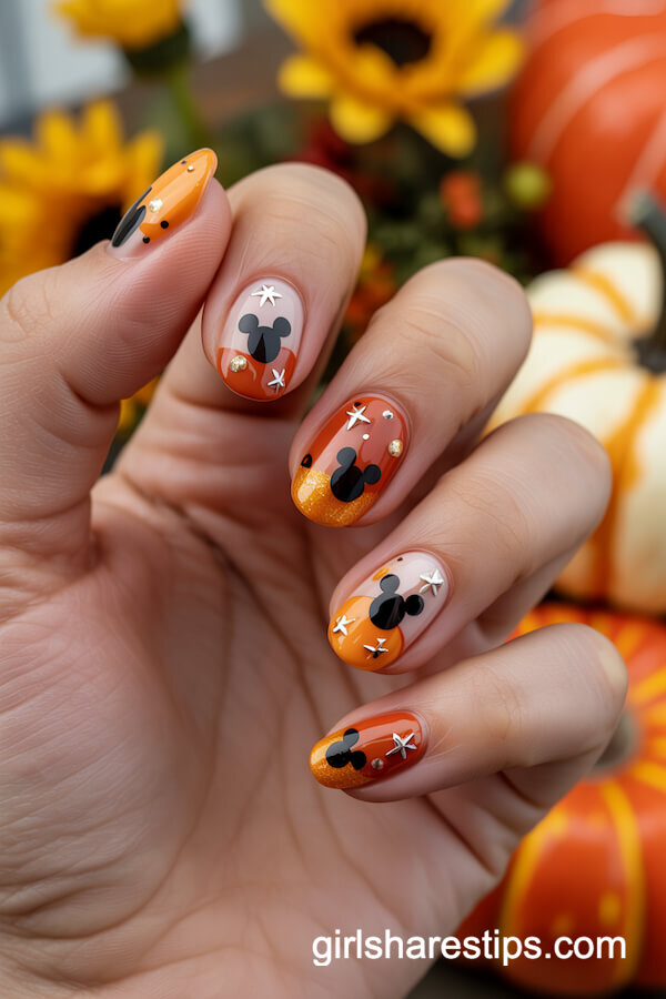 Oval nails with Mickey heads and autumn glitter