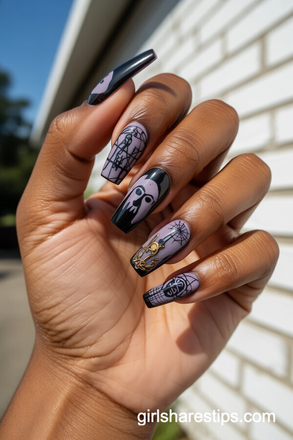 Coffin nails with Haunted Mansion ghost portraits