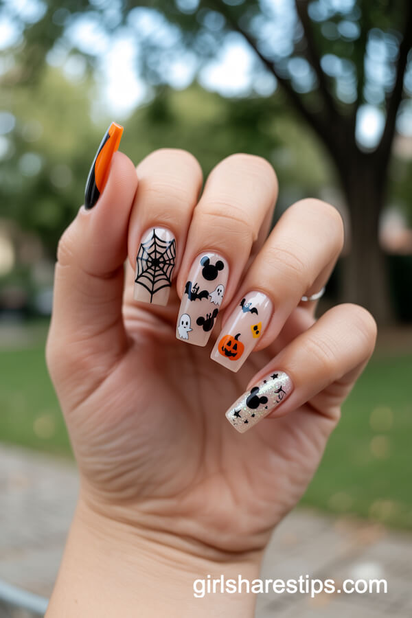 Square nails with spiderweb and ghost accents