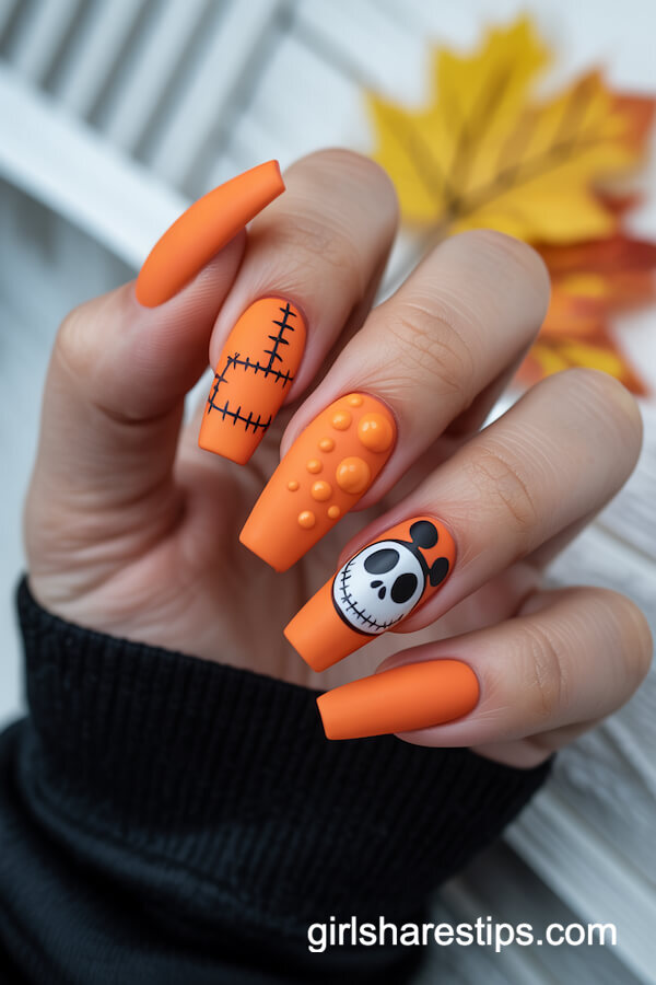 Coffin nails with Jack Skellington patchwork design
