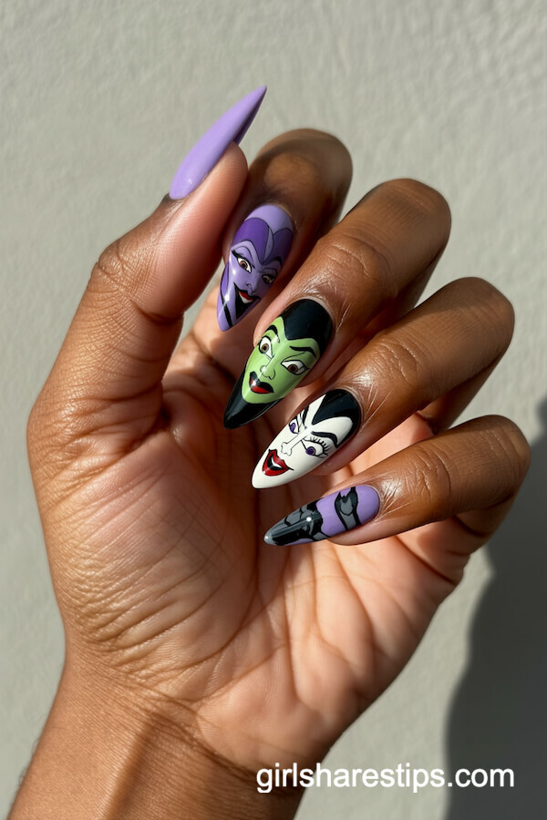 Stiletto nails with Disney villain Halloween colors