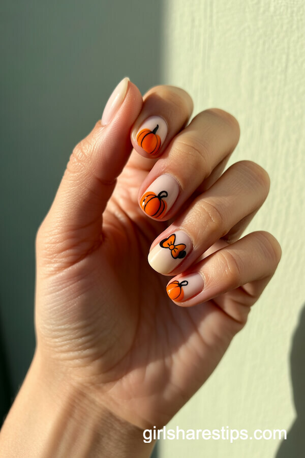 Round nails with pumpkin and Minnie bow patterns