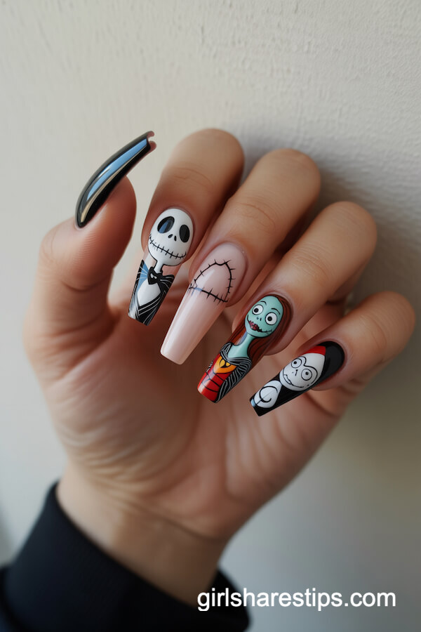 Coffin nails with Jack Skellington and Sally art