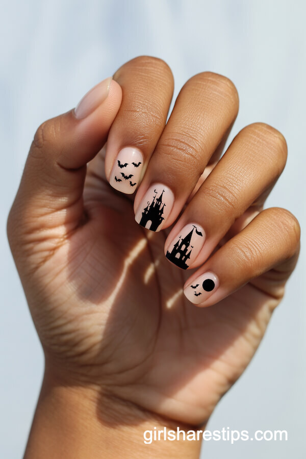 Square nails with castle silhouettes and bats