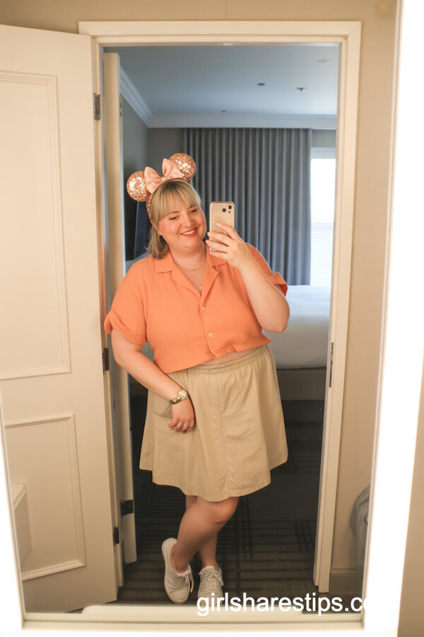 Orange Textured Blouse and Beige Skort