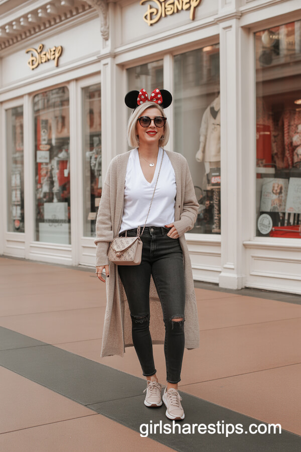 Long Beige Cardigan Dark Skinny Jeans