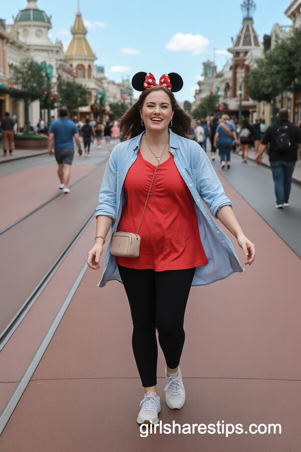 Red Casual Top and Black Leggings