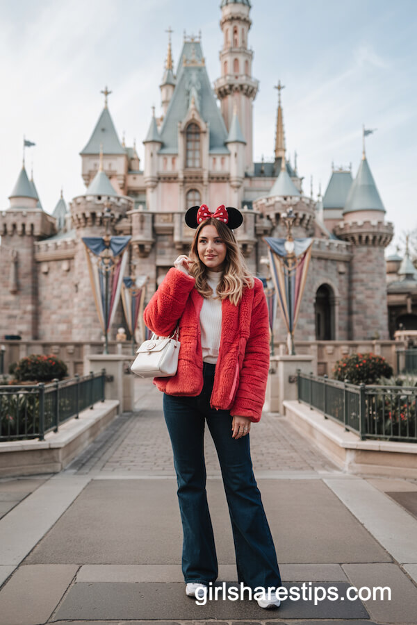 Fluffy Pink Jacket and Flare Jeans Ensemble