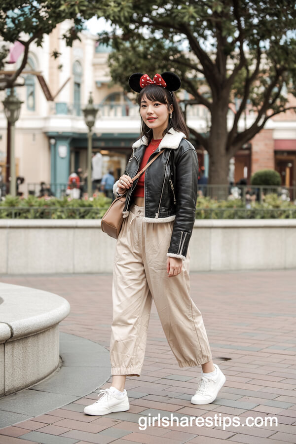 Black Leather Jacket and Red Top Look