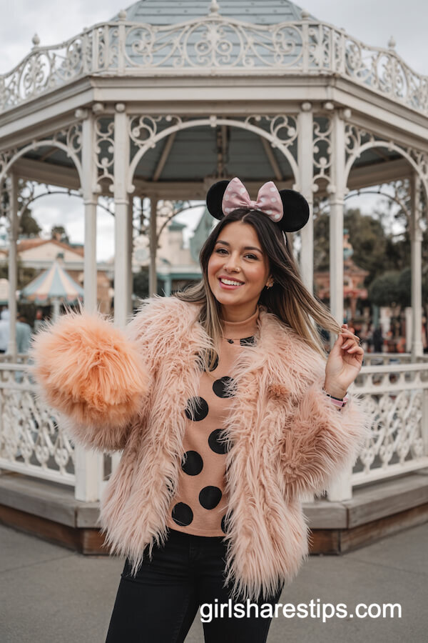 Pink Fur Jacket and Polka Dot Top Outfit