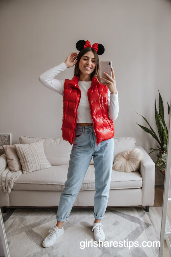 Red Puffer Vest and High-Waisted Jeans