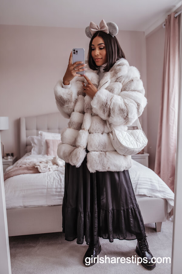 White Fur Puffer with Black Maxi Skirt