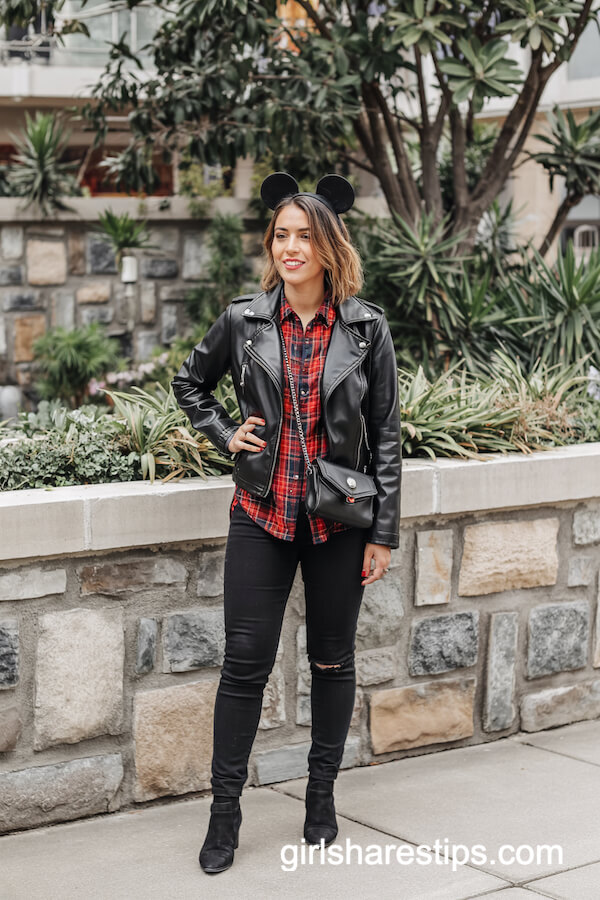 Black Moto Jacket and Plaid Shirt Ensemble