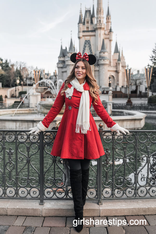 Red Winter Coat with White Scarf and Boots