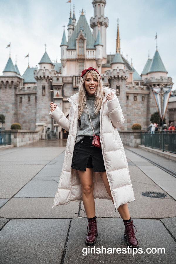 White Puffer Coat and Burgundy Boots Outfit