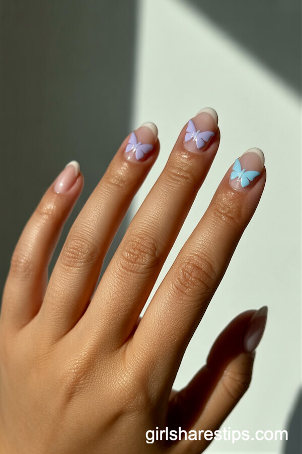 Nude Short Round Nails with Delicate Butterfly Accent Decals
