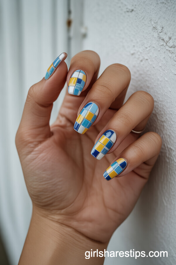 Mediterranean Mosaic Coffin Nails with Blue, Yellow, and White Patterns